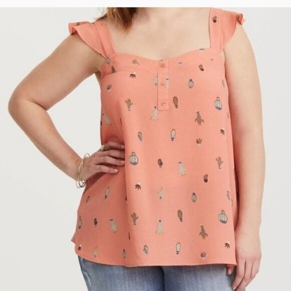 TORRID Cactus Print Coral Flutter Tank Size 1X - Picture 1 of 14